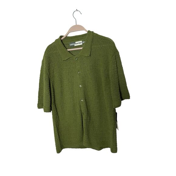 Mens Medium Luca Mateo Open Knit Button Up Olive Green Collared Shirt Sweater - Picture 1 of 3